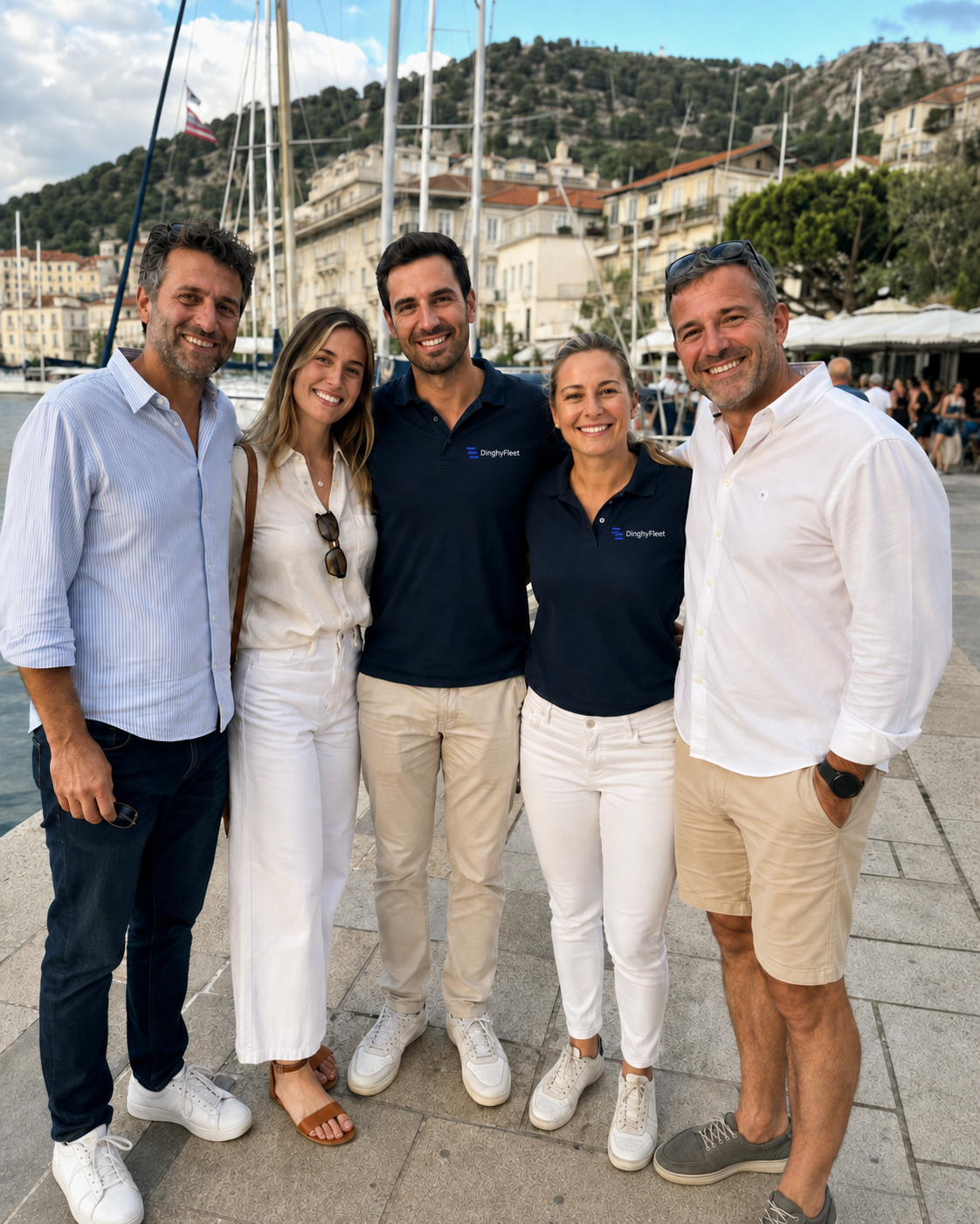 DinghyFleet team with partners on a Mediterranean marina quay