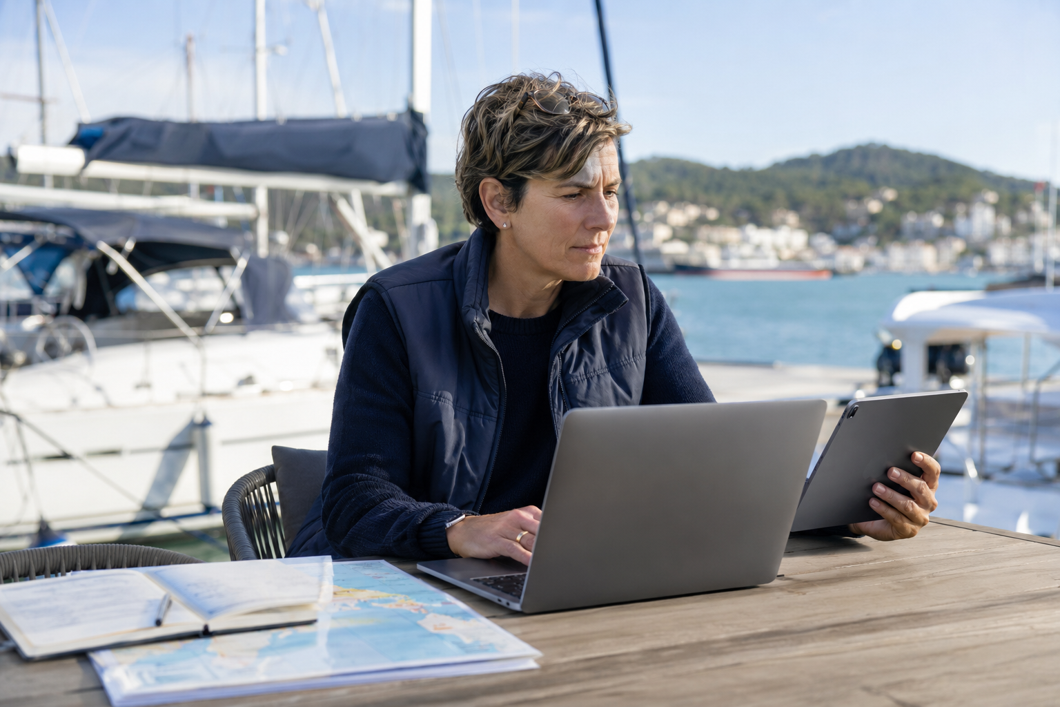 Yacht broker working at a harbour-side table with a laptop, tablet and charts, moored sailing yachts behind her.