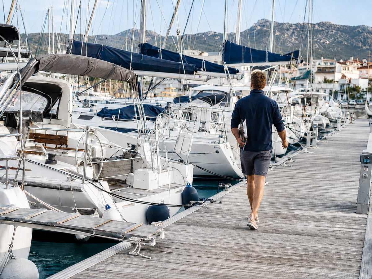 Charter professional walking along a marina pontoon past moored yachts