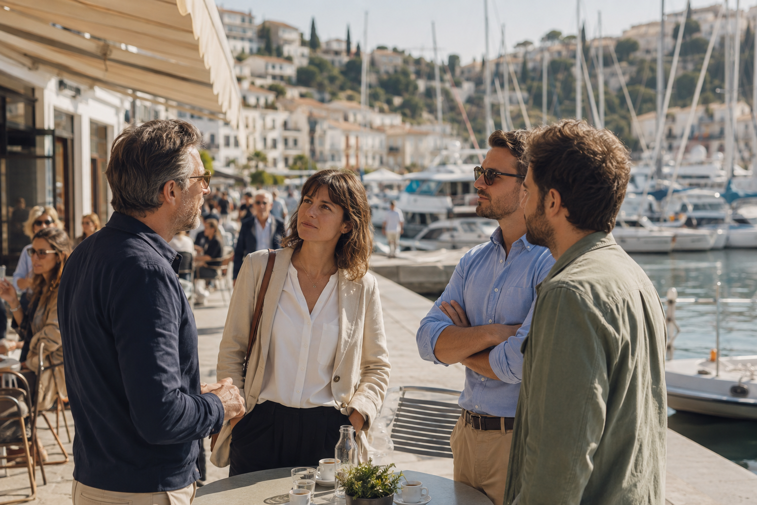 Charter base operations team discussing plans on the quay