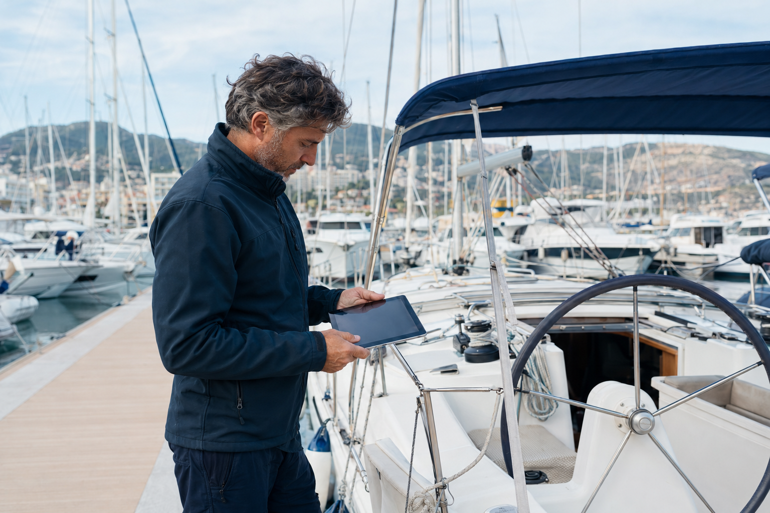 Fleet operator checking a tablet on the deck of a sailing yacht in a busy marina.