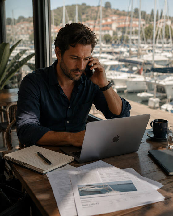 Charter broker on a call at a marina café, working on a laptop with handwritten notes and a printed yacht offer on the table, moored yachts behind him.
