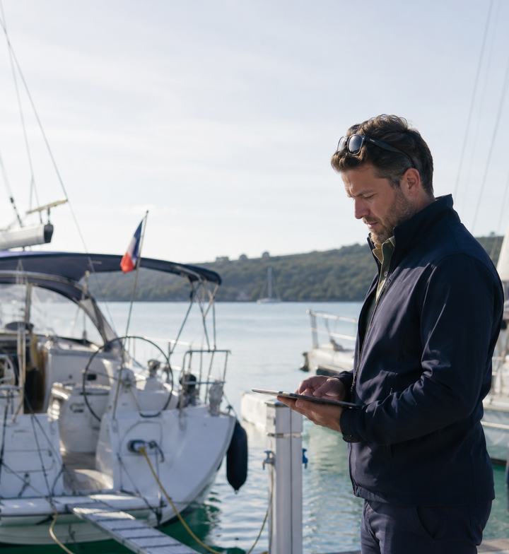 Charter base manager on a marina pontoon checking a yacht handover on a tablet, sailing yachts moored alongside.