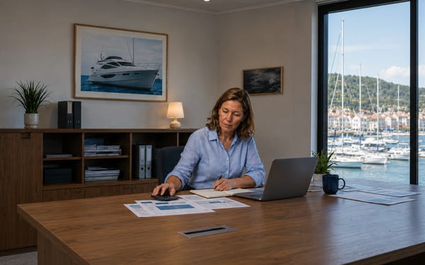 Yacht broker writing notes at a wooden desk in a marina-side office, laptop and printed charter documents in front of her and moored yachts visible through the window.