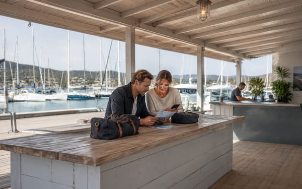 A couple with travel bags reviewing charter paperwork and a phone at a marina check-in counter, yachts moored behind them.