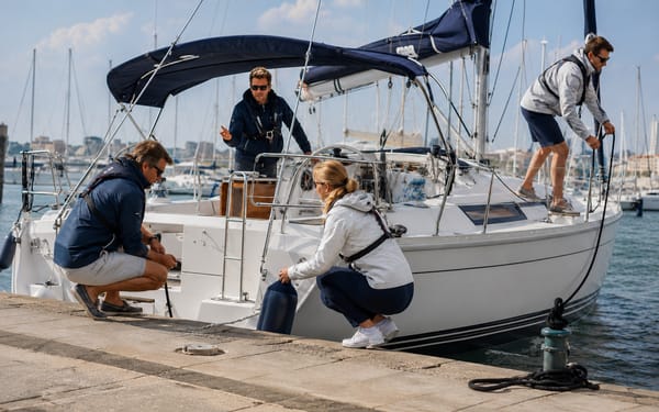 A sailing instructor guides three adult students as they dock a sailing yacht alongside a marina quay, handling mooring lines and a fender.