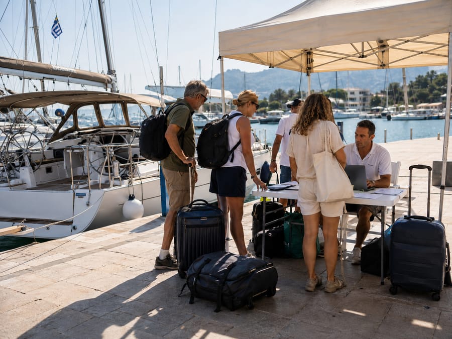 Charter check-in on the quay: guests with luggage at the DinghyFleet check-in stand under a white canopy, staff at a laptop, and a yacht moored alongside in a Mediterranean marina.
